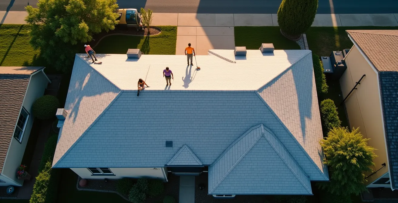 Aerial view of roof with anchor points creating efficient work zones