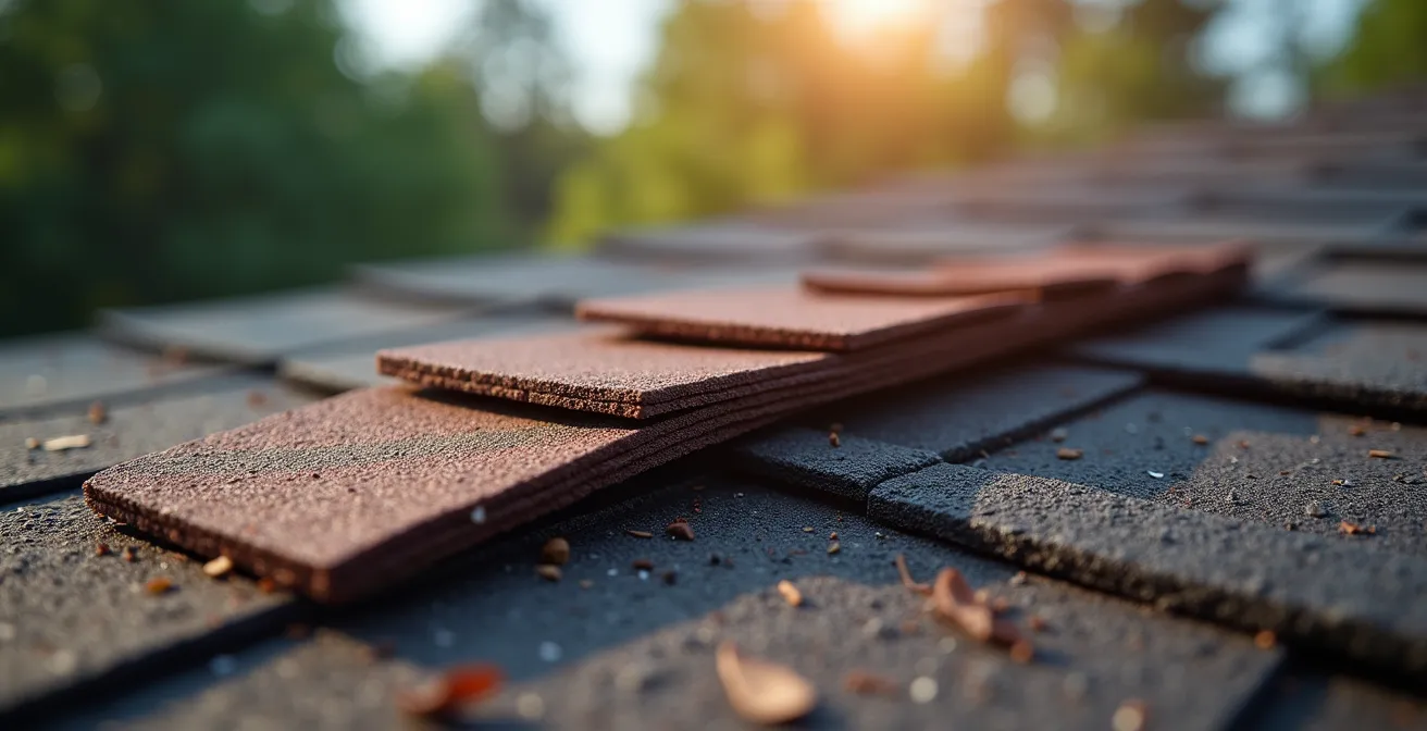 Close-up of roofing materials on steep slope showing gravity effects