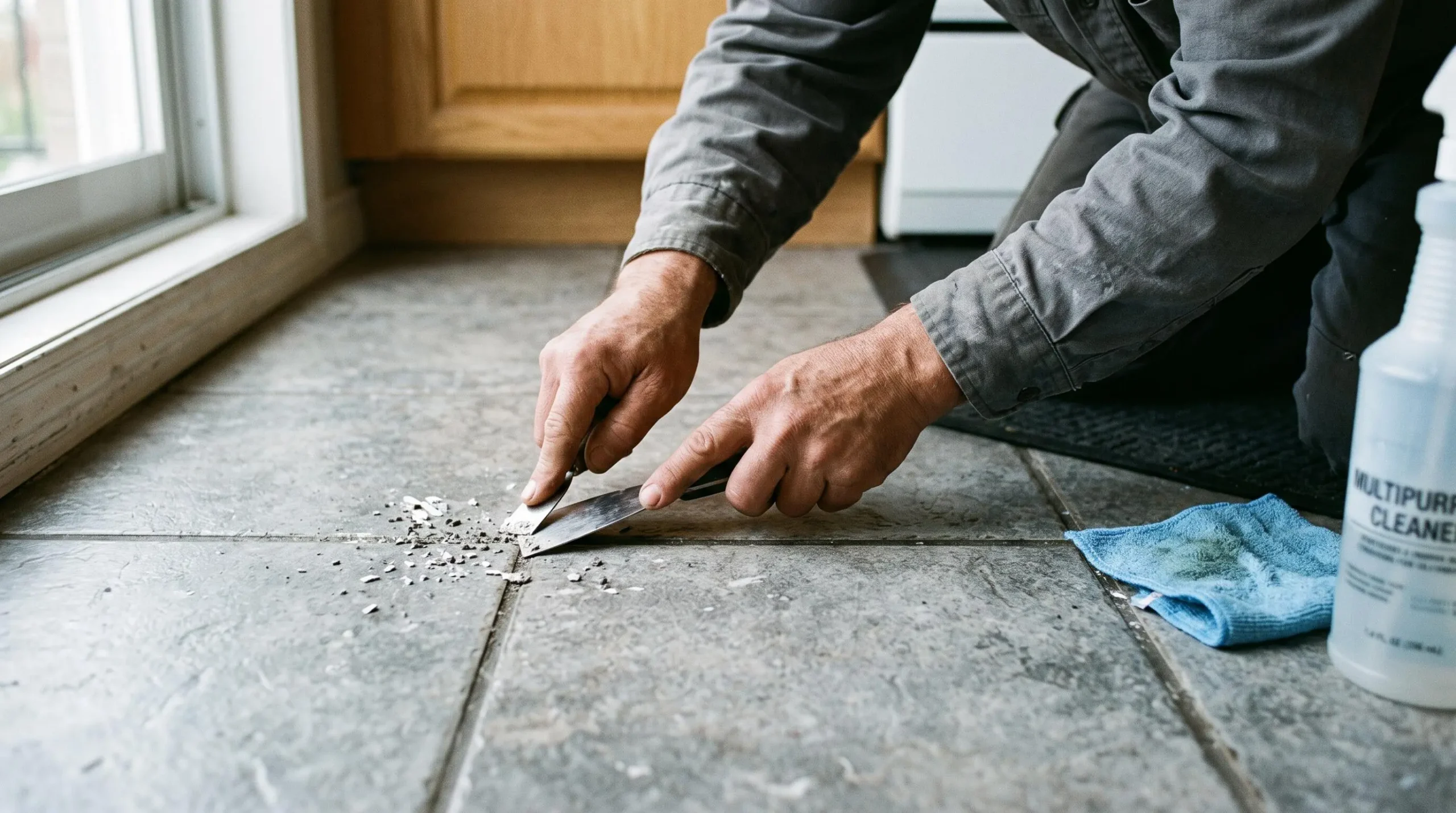 Mains gratuant des résidus de peinture séchée dans les joints de carreaux d'un plancher de cuisine lors d'un nettoyage de déménagement.