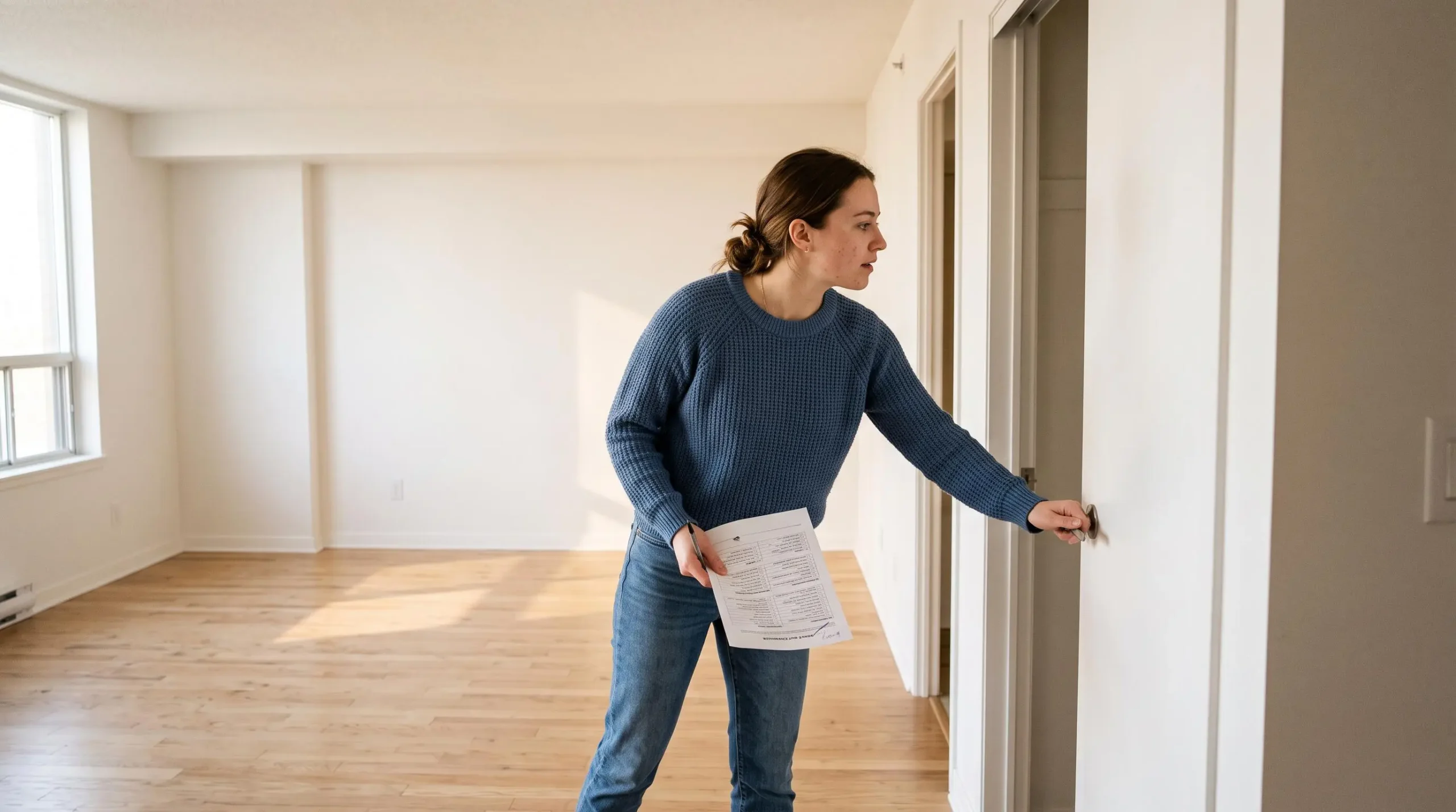 Jeune locataire vérifiant un placard avec une liste de points de sortie lors de l'inspection finale de son appartement nettoyé et vide.
