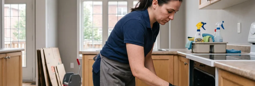 Professionnelle du nettoyage récurant l'intérieur d'un four dans une cuisine vide d'un appartement prêt pour l'inspection de fin de bail.